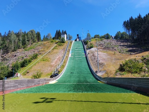 Wide angle view of ski jump ramp from below in Oberhof, Germany photo