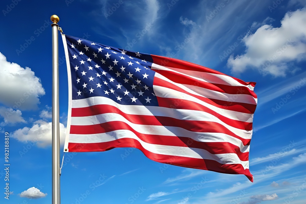The animated American flag waves proudly against a clear blue sky, its stars and stripes glistening in the The animated American flag waves proudly against a clear blue sky, its stars and stripes glistening in the