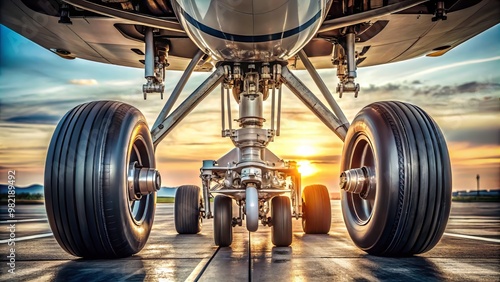 The camera zooms in on the intricate landing gear, revealing the intricate patterns on the wheels, tires, and photo