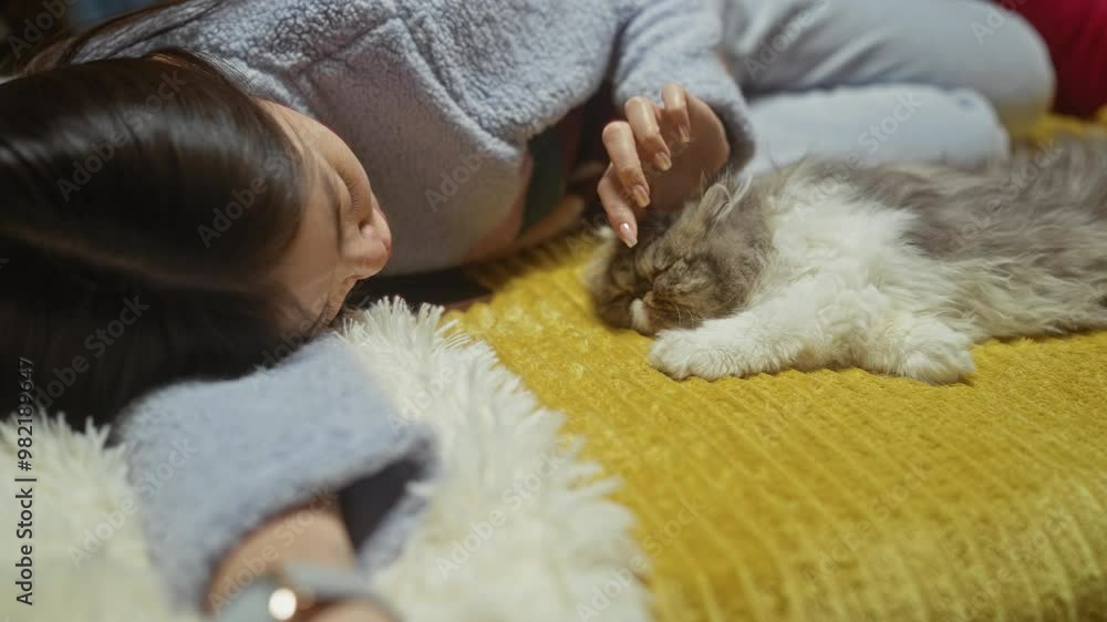 A young woman in comfortable pajamas lies on her bed inside a cozy bedroom, gently petting her fluffy cat, creating a warm and peaceful scene of domestic comfort and companionship. A young woman in comfortable pajamas lies on her bed inside a cozy bedroom, gently petting her fluffy cat, creating a warm and peaceful scene of domestic comfort and companionship.
