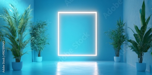 3D rendering of an empty room with a blue background and plants in the corners