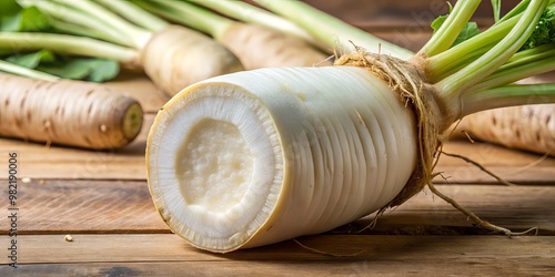 The edible root of Colocasia esculenta, eddoe, is cut to reveal its creamy white interior, inviting consumers to photo