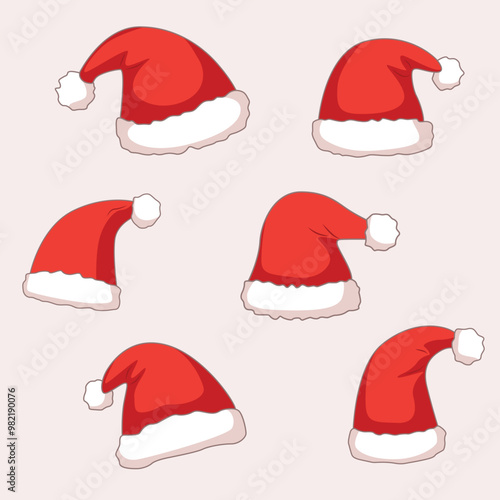 A collection of classic red Santa hats with fluffy white trim and pom-poms in a simple, cartoon-style design. Ideal for Christmas decorations, holiday-themed illustrations, and festive projects