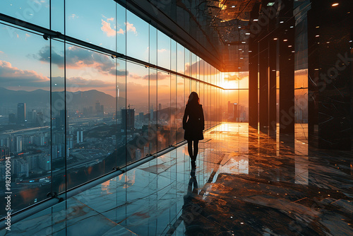 Business woman in suit in office looking at modern city with skyscrapers through panoramic window, sunset