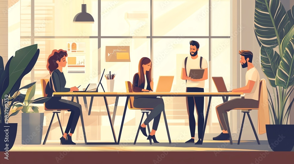 A team of people working together in an office setting. A team of people working together in an office setting.