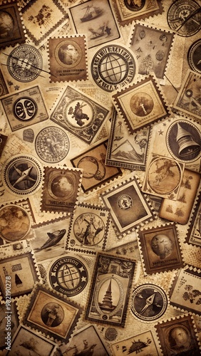 Vintage postage stamps from around the world on aged paper background photo