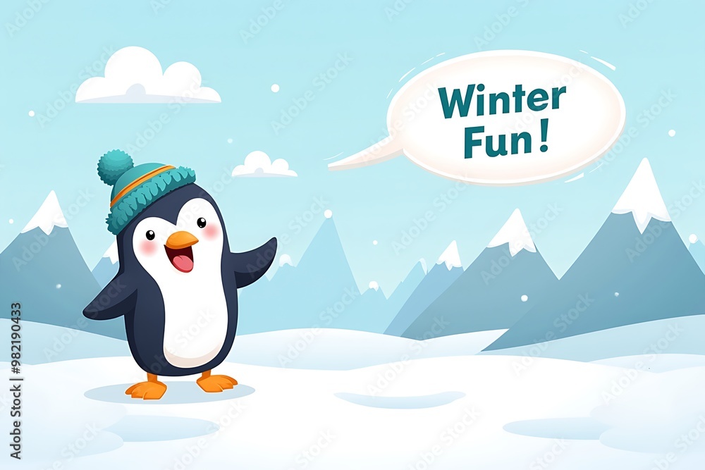 Naklejka premium Happy penguin enjoying winter fun in snowy mountains, cheerful expression, playful background