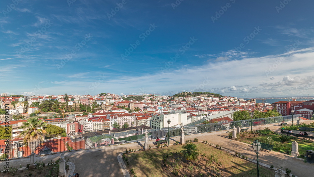Panorama showing aerial view over the center of Lisbon timelapse from Miradouro de Sao Pedro de Alcantara Panorama showing aerial view over the center of Lisbon timelapse from Miradouro de Sao Pedro de Alcantara