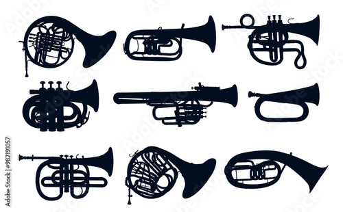 Set silhouettes of wind musical instruments.