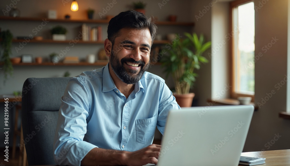 Mature eastern Indian man sitting at home desk front of laptop greeting business partner on screen. 40s freelance entrepreneur businessman communicate remotely online with colleague using pc computer Mature eastern Indian man sitting at home desk front of laptop greeting business partner on screen. 40s freelance entrepreneur businessman communicate remotely online with colleague using pc computer