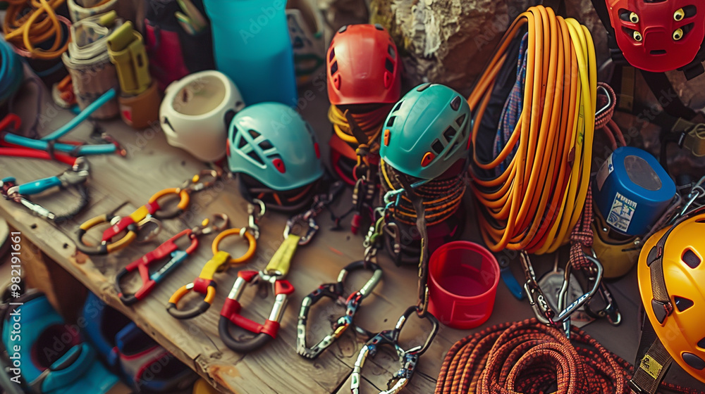 Fototapeta premium Some climbing gear and accessories on brown wooden table