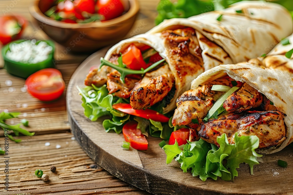 Grilled chicken wraps on wooden board. Perfect for showcasing fast food, restaurant, or healthy eating. Grilled chicken wraps on wooden board. Perfect for showcasing fast food, restaurant, or healthy eating.