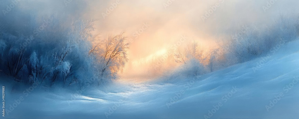 Naklejka premium A tranquil winter landscape with soft snow, frosty trees, and a warm glow illuminating the serene atmosphere.