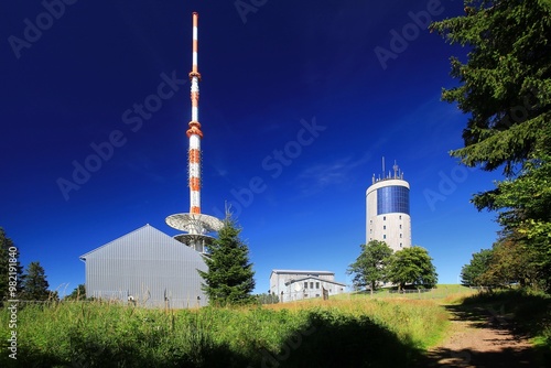 Grosser inselsberg summit in Thuringia with modern telecommunications tower