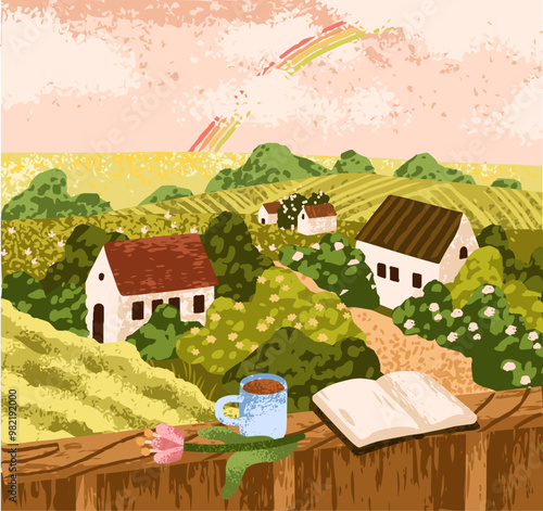 Country landscape. View on cozy village with houses, fields, gardens. Leisure, recreation time at countryside with book and tea cup, rural nature on summer holiday, vacation. Flat vector illustration