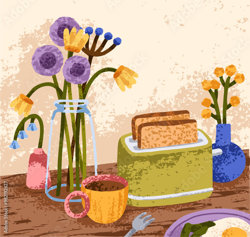 Cooking toast bread in toaster for morning meal, breakfast time. Cozy home kitchen with flowers in vase, tea cup, eating, comfort food and kitchenware, appliance on table. Flat vector illustration