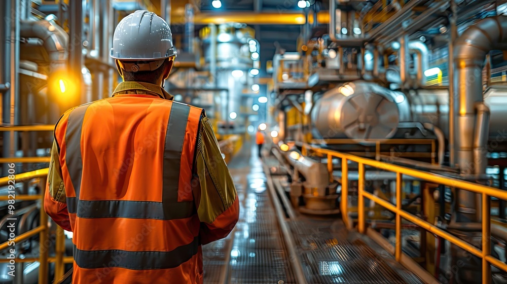 Worker in safety vest in factory. Depicts the importance of safety gear in industrial settings. Worker in safety vest in factory. Depicts the importance of safety gear in industrial settings.
