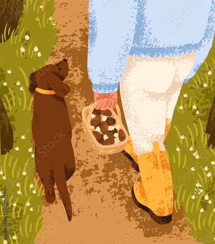 Walking with dog on footpath at countryside, carrying basket with collected mushrooms. Fall season leisure activity. Autumn country nature. Going with puppy for fungi picking. Flat vector illustration