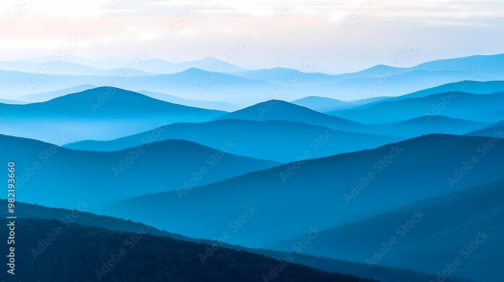Serene blue mountain landscape with rolling hills and soft mist. Serene blue mountain landscape with rolling hills and soft mist.