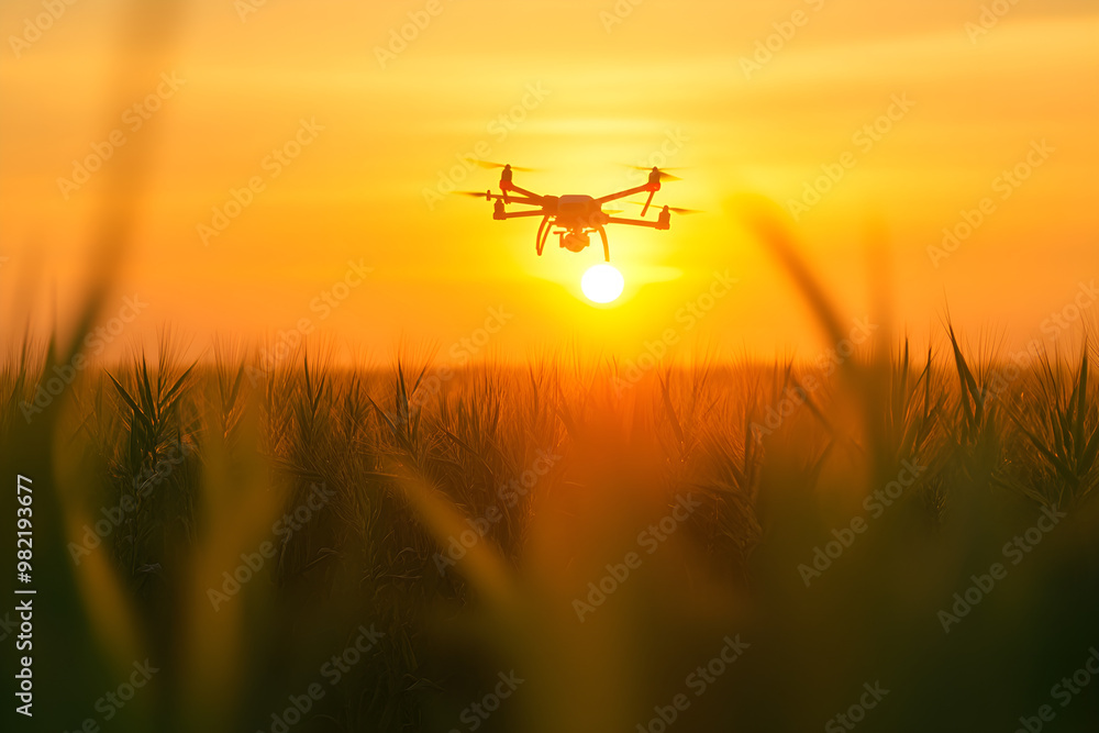 A drone hovers over field during stunning sunset, capturing essence of precision agriculture technology. warm glow of sun enhances serene landscape, showcasing innovation in farming A drone hovers over field during stunning sunset, capturing essence of precision agriculture technology. warm glow of sun enhances serene landscape, showcasing innovation in farming