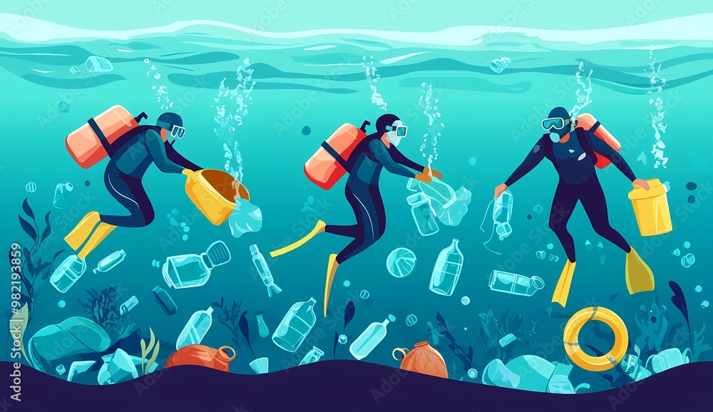 Three divers collecting plastic waste under the ocean, promoting environmental awareness. Three divers collecting plastic waste under the ocean, promoting environmental awareness.