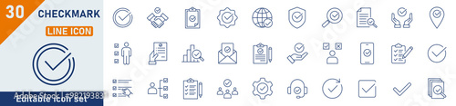 Checkmark line icon set. Set of 30 outline icons related to check, approve, ticks, quality check, confirm, correct, checklist, verified and others. Vector illustration.
