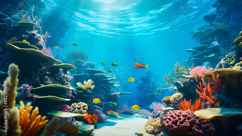 underwater coral reef landscape in the deep blue ocean with colorful fish and marine life background wallpaper	