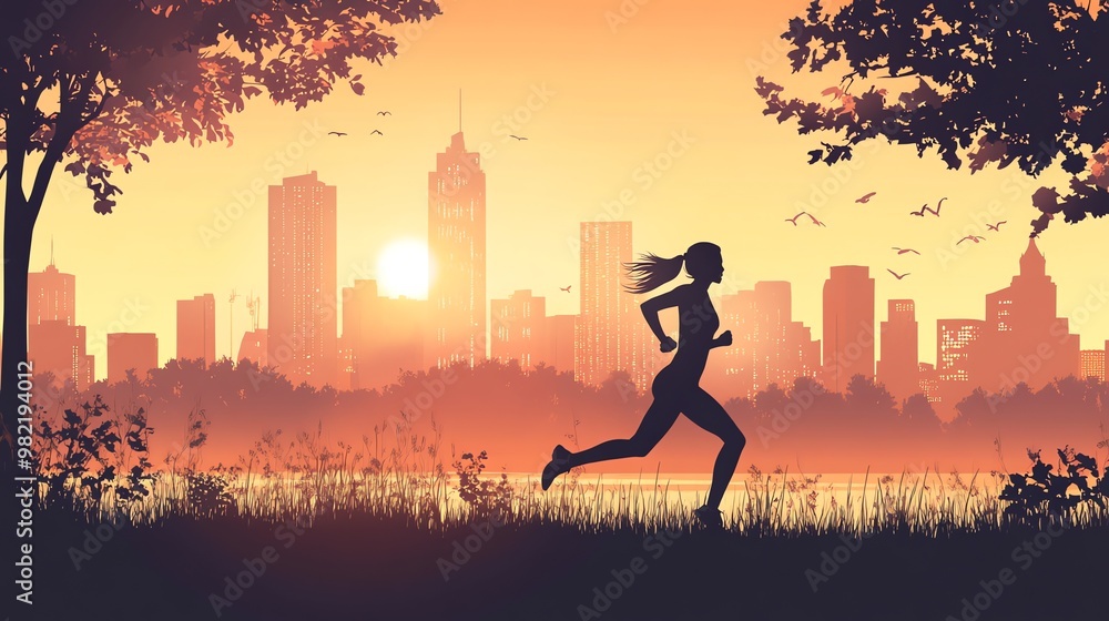 Silhouette of a woman jogging in a park at sunrise, with a city skyline in the background. Silhouette of a woman jogging in a park at sunrise, with a city skyline in the background.