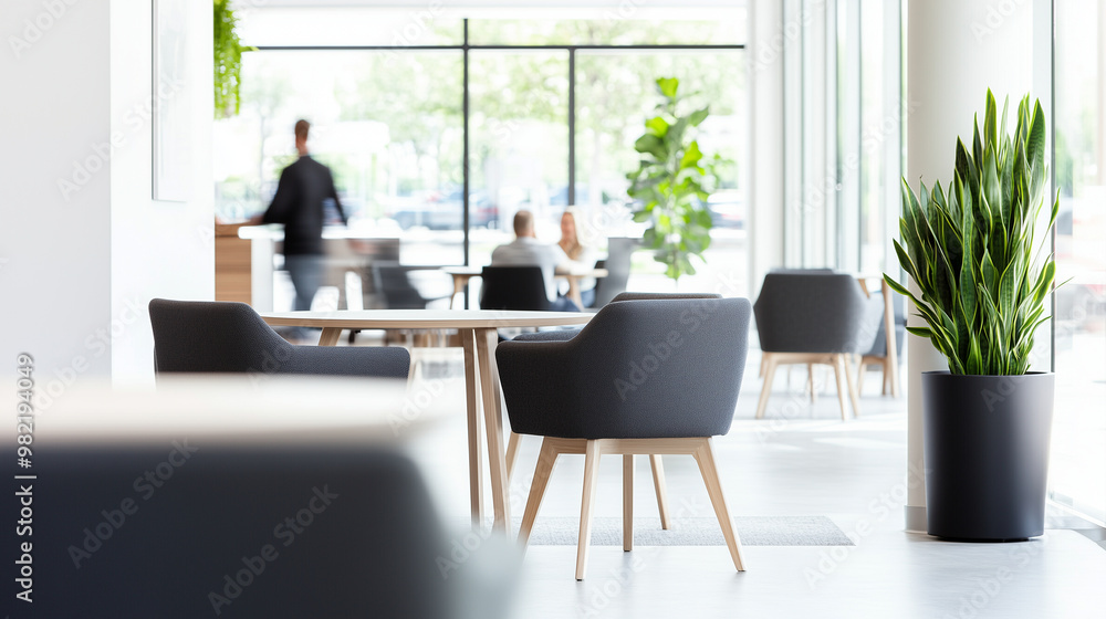 Busy office lounge with workers walking past and sitting at tables, contemporary decor, natural light, bustling workspace, copy space Busy office lounge with workers walking past and sitting at tables, contemporary decor, natural light, bustling workspace, copy space
