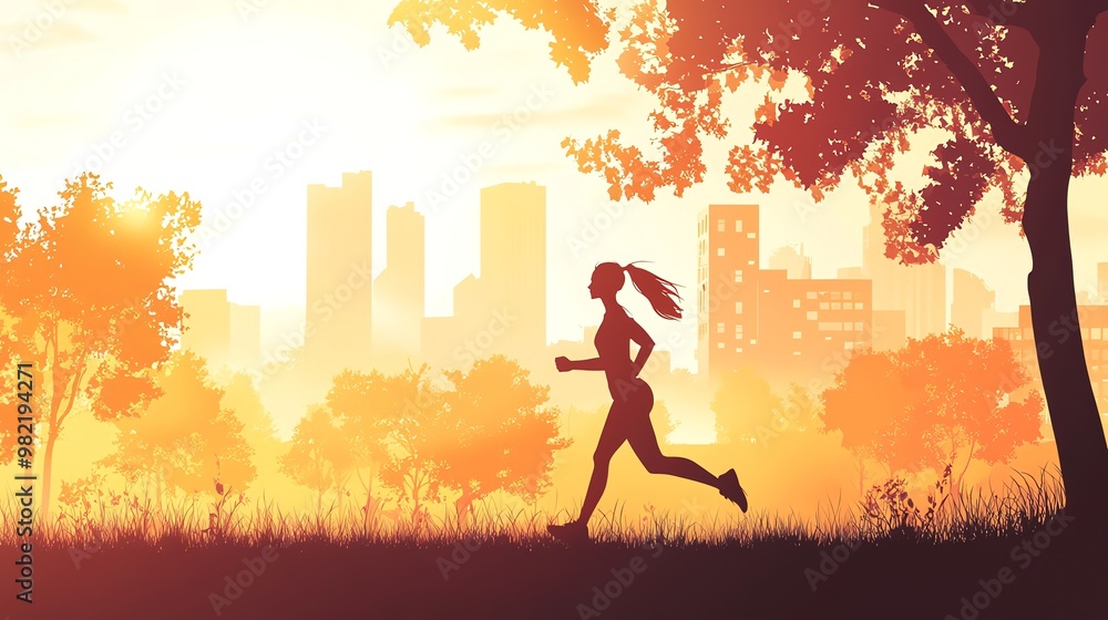 Silhouette of a woman running in a park with city buildings in the background. Silhouette of a woman running in a park with city buildings in the background.
