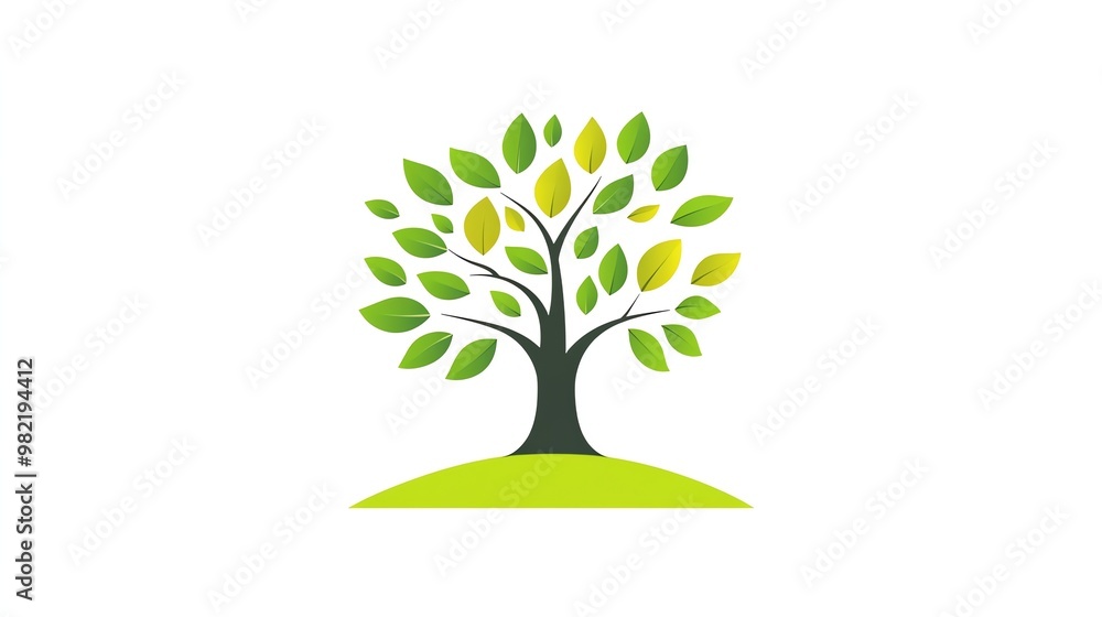 Fototapeta premium A stylized green tree with a few yellow leaves, on a small green hill.