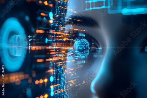 A close up view of futuristic eye surrounded by digital elements, showcasing advanced technology and self supervised learning concepts. vibrant blue and orange colors create captivating visual experie