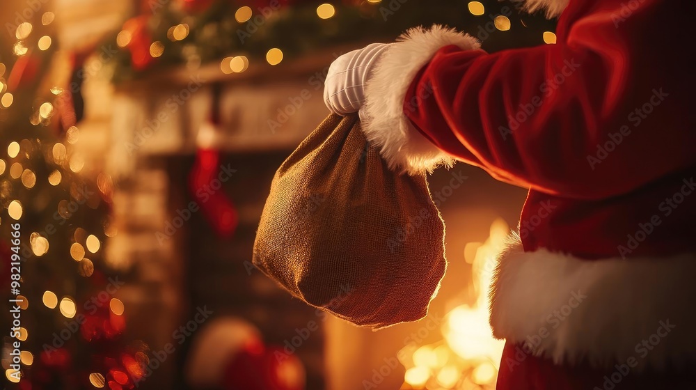 Naklejka premium A festive scene featuring a hand holding a gift bag, perfect for holiday celebrations and Christmas spirit.