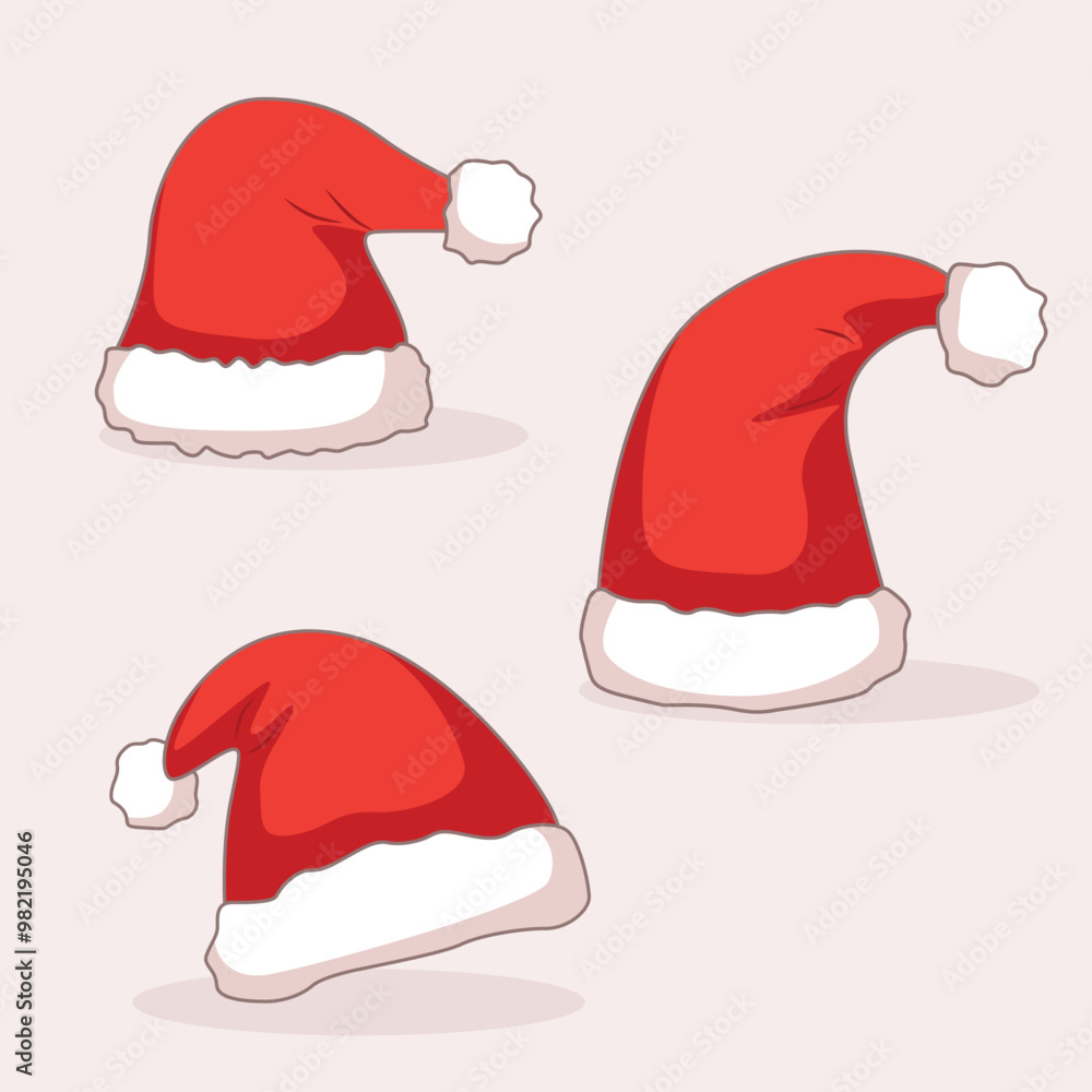 A collection of three red Santa hats with fluffy white trim and cartoon style pompoms on a light background. Ideal for Christmas decorations, holiday themed illustrations and holiday projects. A collection of three red Santa hats with fluffy white trim and cartoon style pompoms on a light background. Ideal for Christmas decorations, holiday themed illustrations and holiday projects.