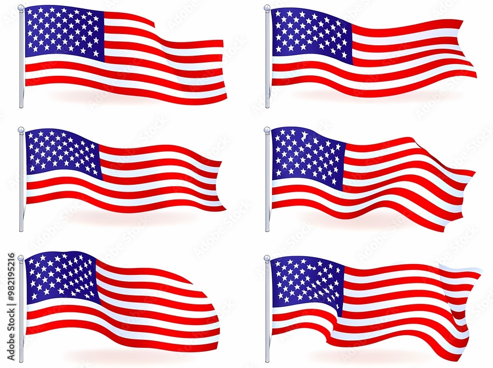 Set of six American flags waving gracefully in the wind. Set of six American flags waving gracefully in the wind.