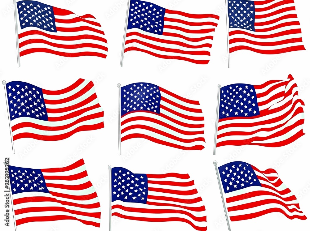 Nine variations of the American flag waving in the wind. Nine variations of the American flag waving in the wind.