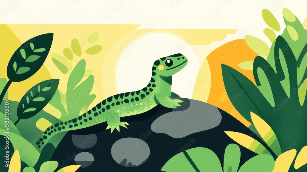 Obraz premium A vibrant closeup of a lizard on a sunlit rock, showcasing its detailed scales against a lush green backdrop.