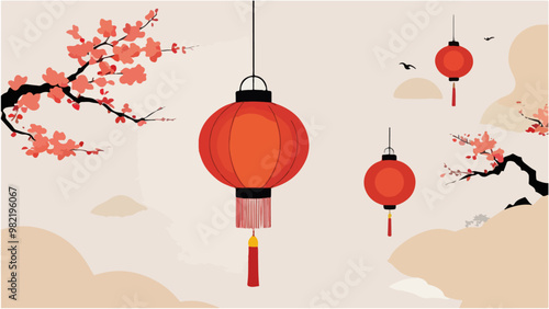 Thai Red Yi Peng Lanterns, Vector Illustration
