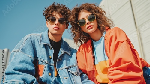 Cool Couple in Retro Sunglasses: A stylish young couple, radiating confidence and coolness, embrace the retro vibe with their trendy sunglasses. Their youthful energy and fashion-forward looks capture