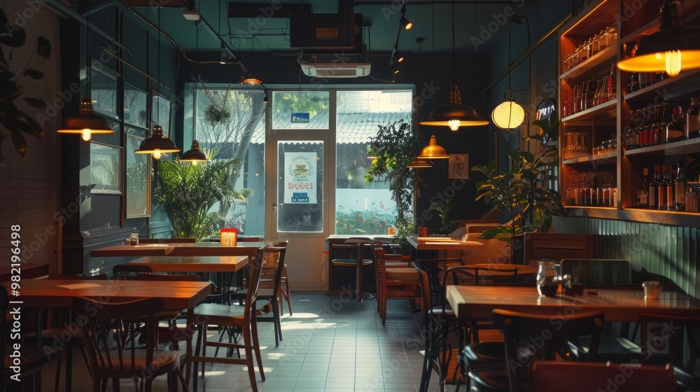 Interior of a empty restaurant in the evening Interior of a empty restaurant in the evening