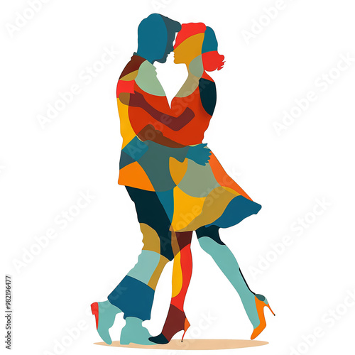 An abstract illustration of a couple dancing. The silhouette of the couple is made up of colorful geometric shapes.