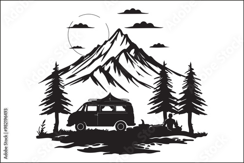 Camping Outdoor Adventure silhouette,
Wilderness,
Nature,
Tent,
Campfire,
Hiking,
Forest,
Backpacking,
Campground,
Mountain,
Travel,
Exploration,
Silhouette,
Vector,
Black and white,
Minimalist,