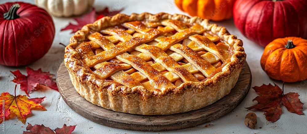 A warm and inviting autumn scene featuring homemade apple pies and pumpkins, perfect for Thanksgiving and Halloween promotions or festive invitations. With copy space. A warm and inviting autumn scene featuring homemade apple pies and pumpkins, perfect for Thanksgiving and Halloween promotions or festive invitations. With copy space.