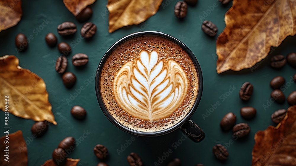 A cozy flatlay featuring a latte art cup on a green backdrop with autumn leaves and coffee beans, ideal for Thanksgiving and Halloween themed designs. With copy space. A cozy flatlay featuring a latte art cup on a green backdrop with autumn leaves and coffee beans, ideal for Thanksgiving and Halloween themed designs. With copy space.