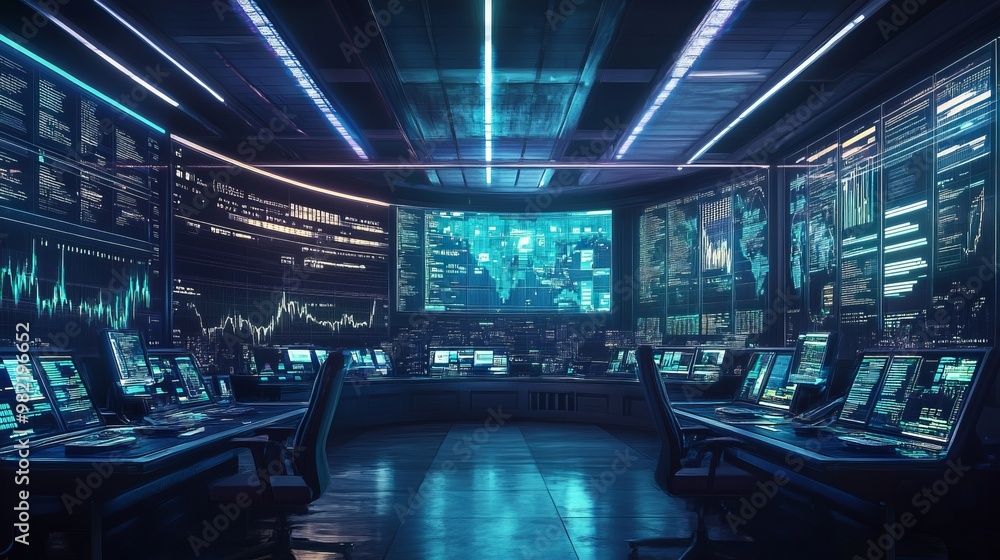 High-Tech Control Room with Data Visualization Screens High-Tech Control Room with Data Visualization Screens