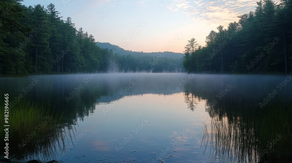 Misty Morning on a Still Lake Surrounded by Evergreen Trees Misty Morning on a Still Lake Surrounded by Evergreen Trees