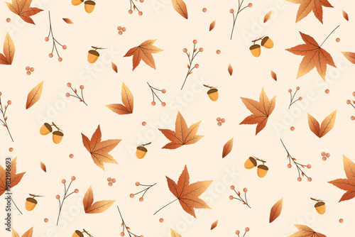 Leaves and acorns autumn pattern on a beige background,vector illustration.