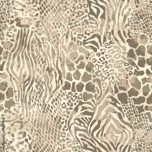 Wild animal skins abstract patchwork wallpaper grunge vector seamless pattern for fabric shirt card cloth tablecloth pillow