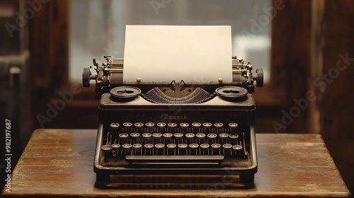 Vintage typewriter with blank paper on a wooden desk.