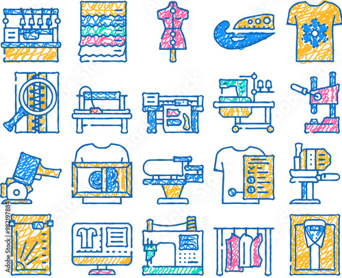 factory sewing sew machine doodle icons set vector. sketch line art tailor fabricthread, textile fashion, needle industry, needlework, woman seamstress factory sewing sew machine color illustrations